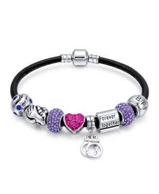 Women's Sterling Silver Cubic Zirconia and Crystal Couple Bound Forever Leather Charm Bracelet