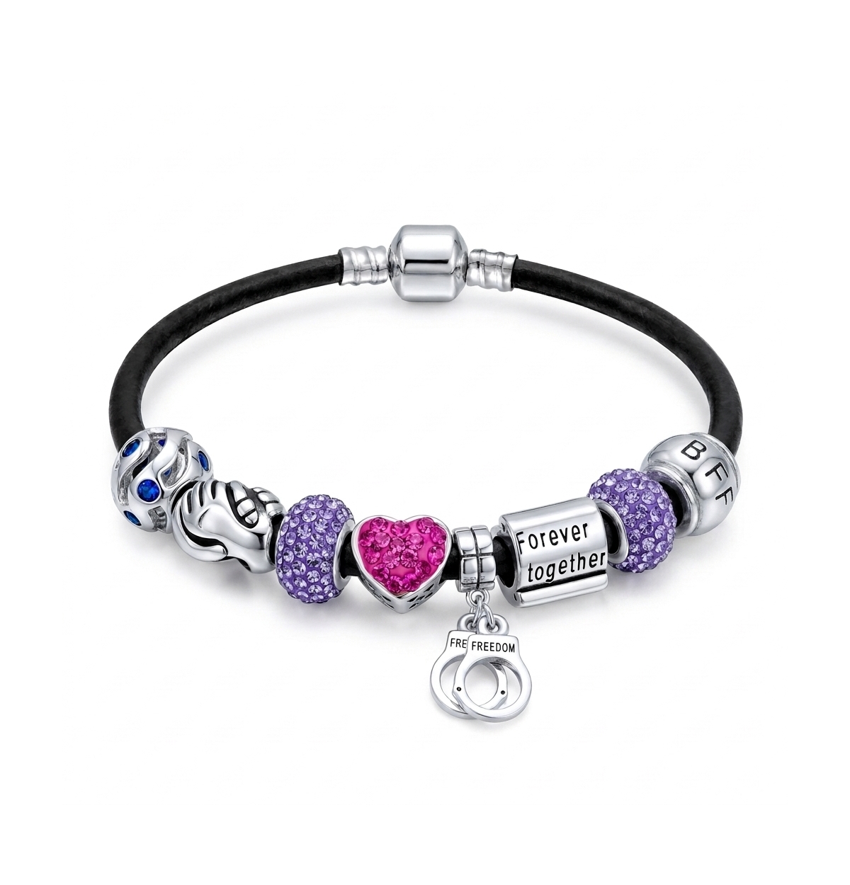 Bling Jewelry Women's Sterling Silver Cubic Zirconia and Crystal Couple Bound Forever Leather Charm Bracelet - Black