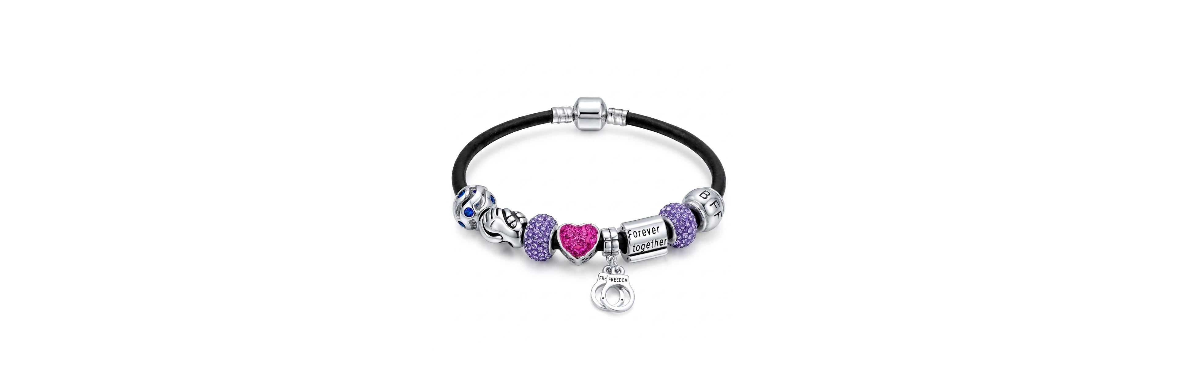 Bling Jewelry Women's Sterling Silver Cubic Zirconia and Crystal Couple Bound Forever Leather Charm Bracelet