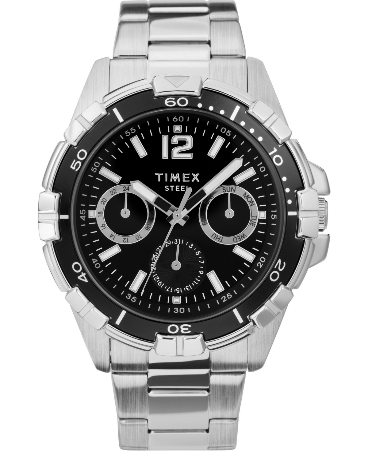 Timex Men's Quartz Day-Date Analog Silver-Tone Stainless Steel Watch 45mm