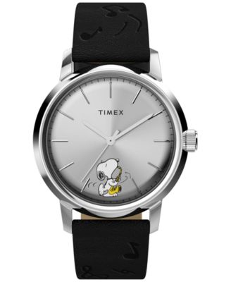 Men's Snoopy Automatic Saxophonist Black Leather Watch 40mm