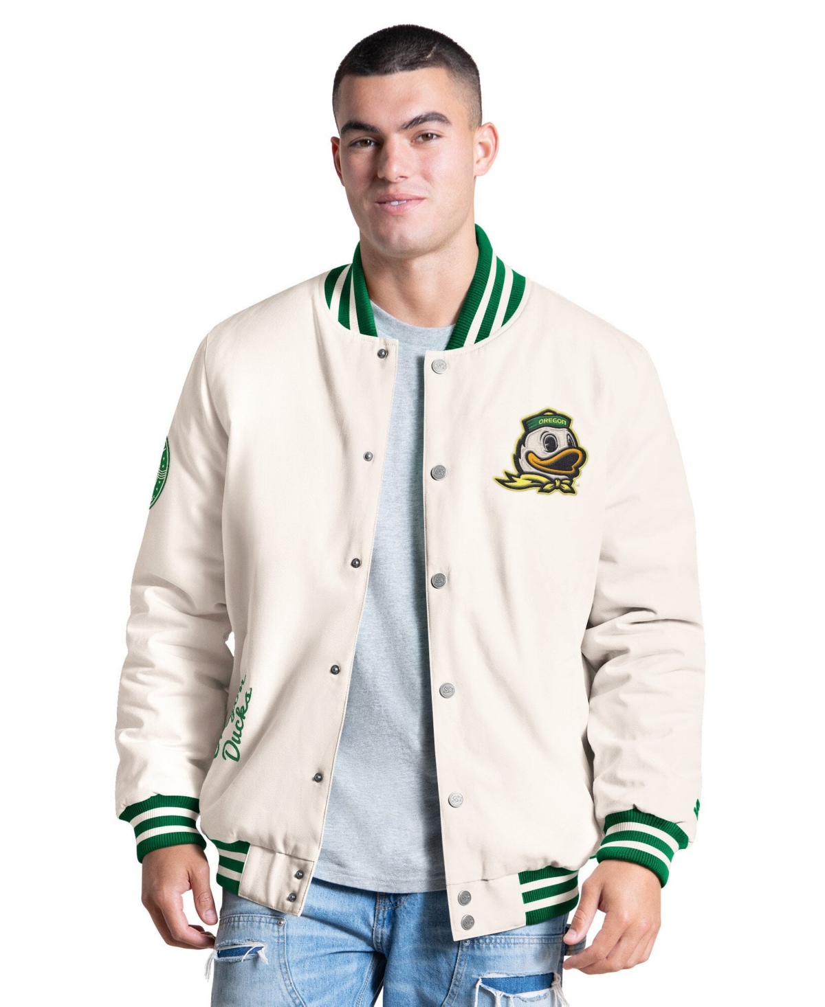 Starter Men's White Oregon Ducks Spectator Varsity Full Snap Jacket