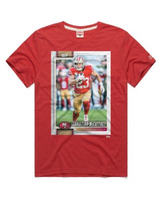 Men's and Women's Christian McCaffrey Scarlet San Francisco 49ers NFL Topps Trading Card Tri-Blend T-Shirt