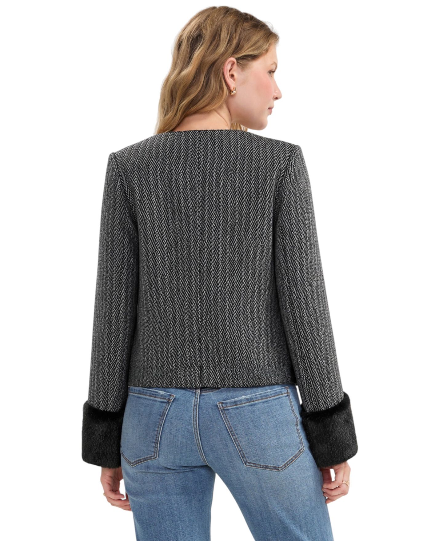 Женская куртка Liverpool Los Angeles Faux Fur Cuff Herringbone Stripe Collarless, цвет: Чёрный разноцветный — фото 3