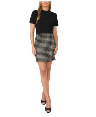 Women's Mock Neck Short Sleeve Tweed Mini Dress