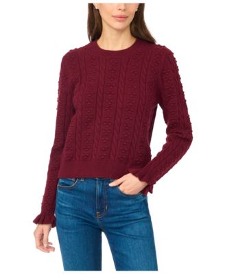 Women's Cable-Knit Crewneck Ruffle-Trim Sweater