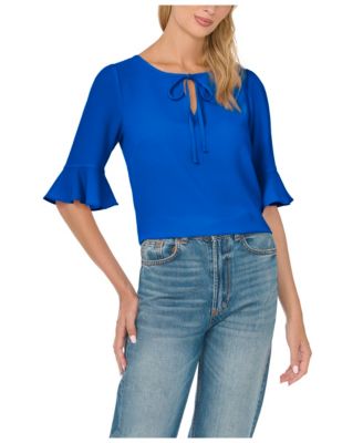 Women's Split Tie Neck Ruffle Cuff 3/4-Sleeve Top