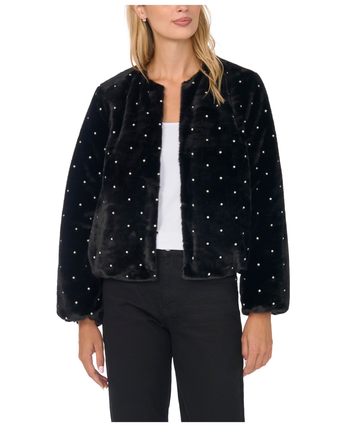 CeCe Women's Faux Fur Pearl Long-Sleeve Short Jacket