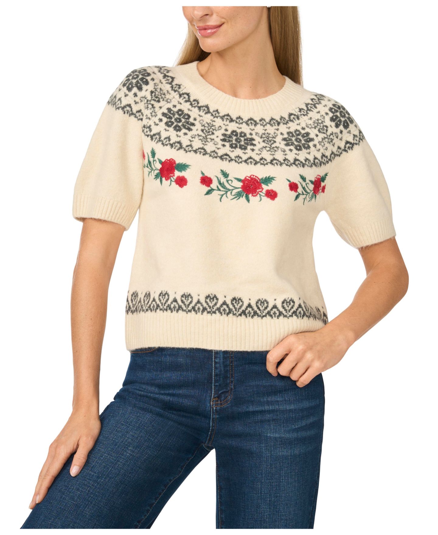 Женский свитер CeCe Fair Isle Short-Sleeve, цвет: Берёзовый — фото 1