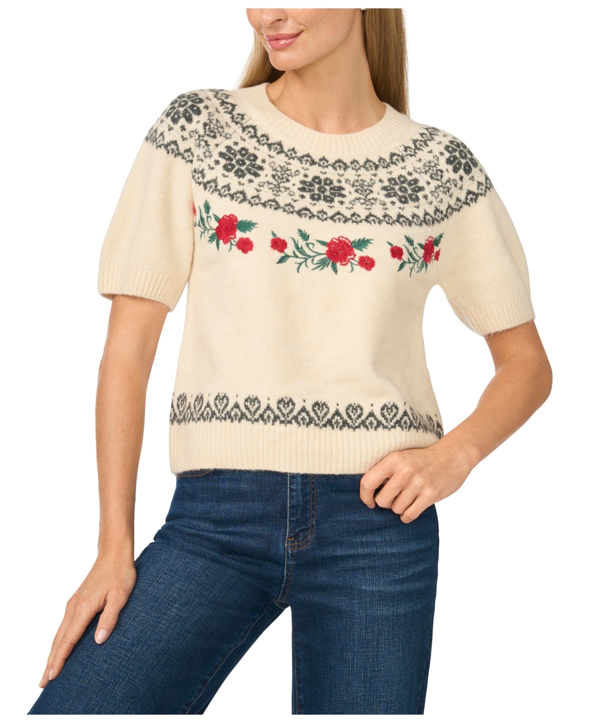 CeCe Women's Fair Isle Short-Sleeve Sweater