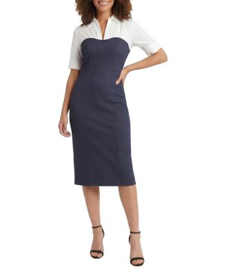 Women's Mixed Media Short-Sleeve Midi Sheath Dress