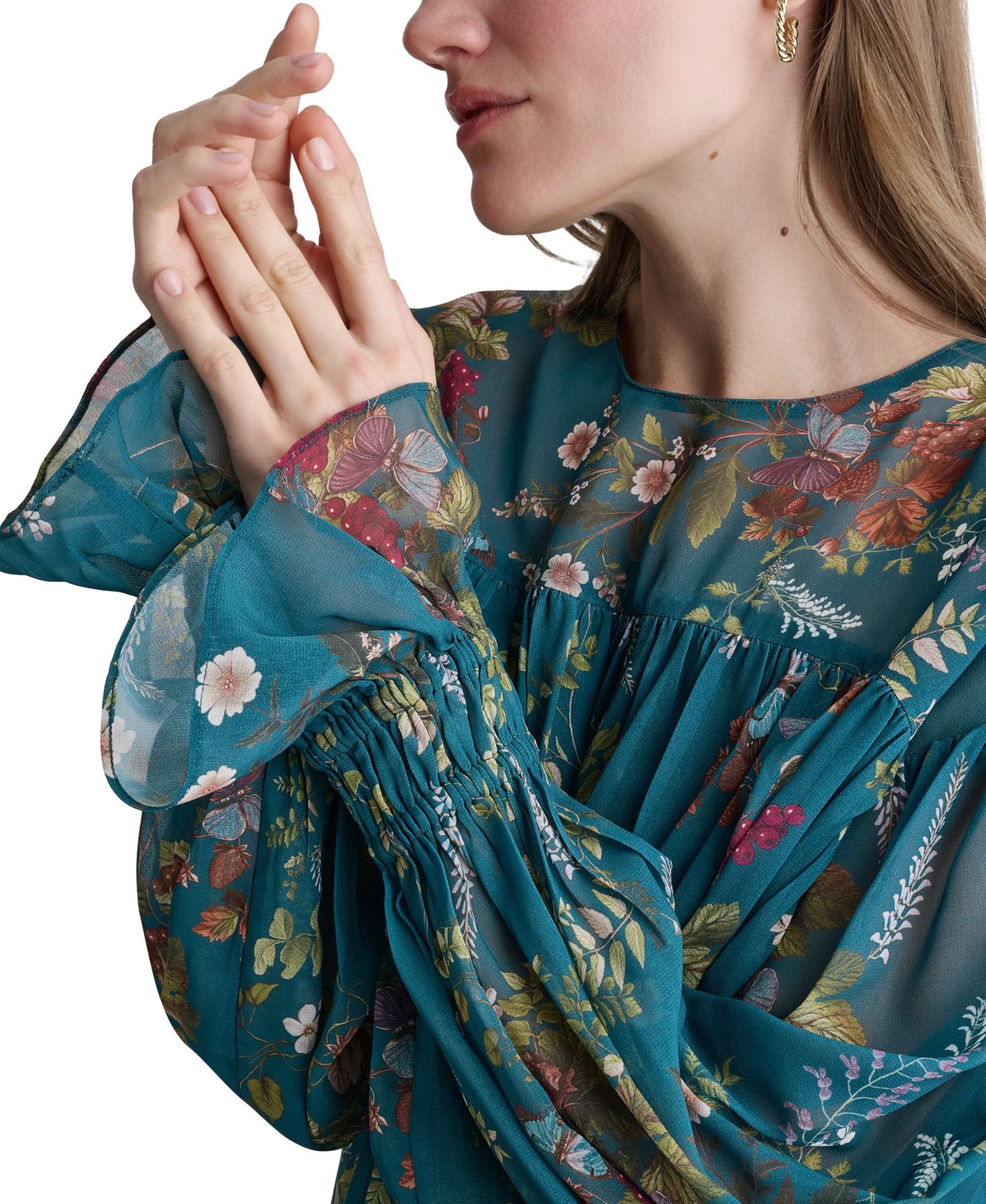 Женская блузка BCBG Drop-Shoulder Chiffon Crew Neck Long Sleeve, цвет: Королевский синий бирюзовый разноцветный — фото 4