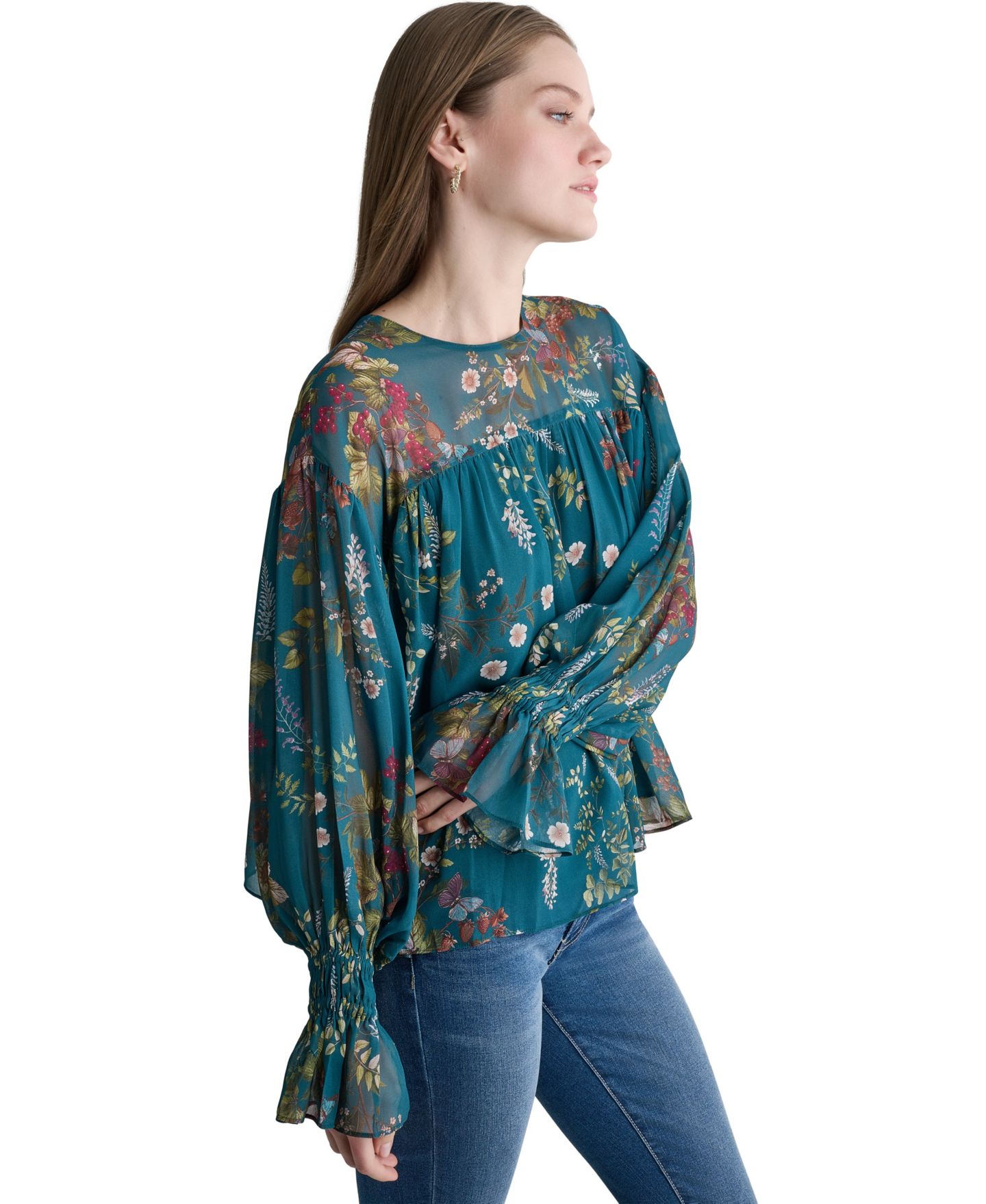 Женская блузка BCBG Drop-Shoulder Chiffon Crew Neck Long Sleeve, цвет: Королевский синий бирюзовый разноцветный — фото 3