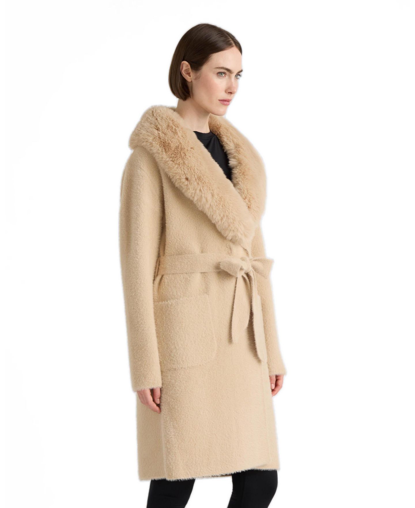 Женские куртки NVLT Eyelash Shawl Collar Faux Fur Collar Belted Coatigan, цвет: Светлый верблюжий — фото 3