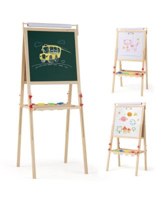 3-in-1 Art Easel Adjustable Double-sided Easel with 4 Paint Cups, Natural, MDF, Pine Wood Construction