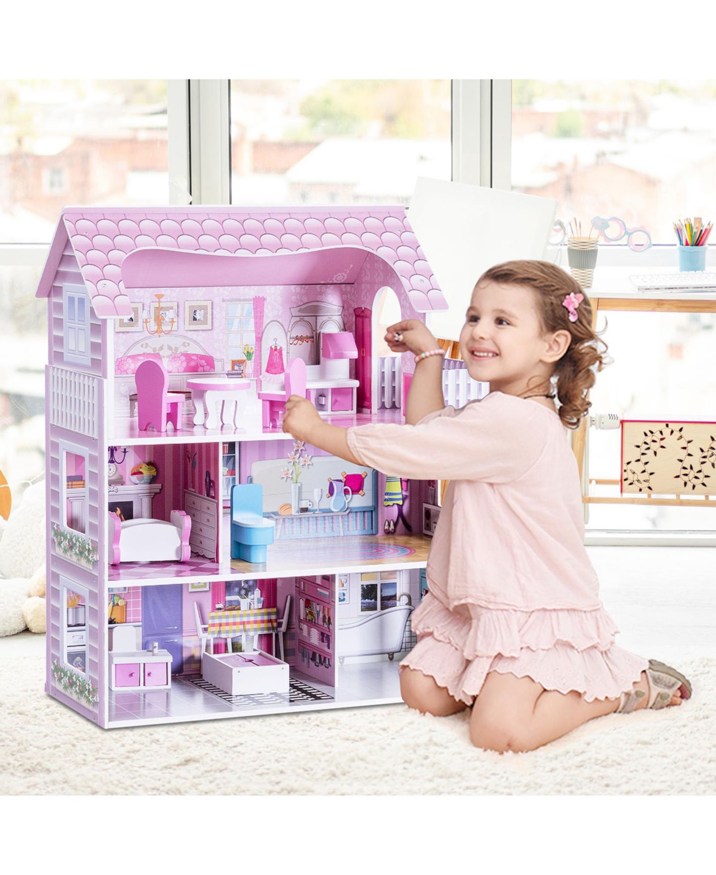 Детские аксессуары для кукол Mecale 28-in 3-Level Dollhouse with 5 Themed Rooms and 8 Furniture Pieces, Ages 3+, цвет: Розовый — фото 4