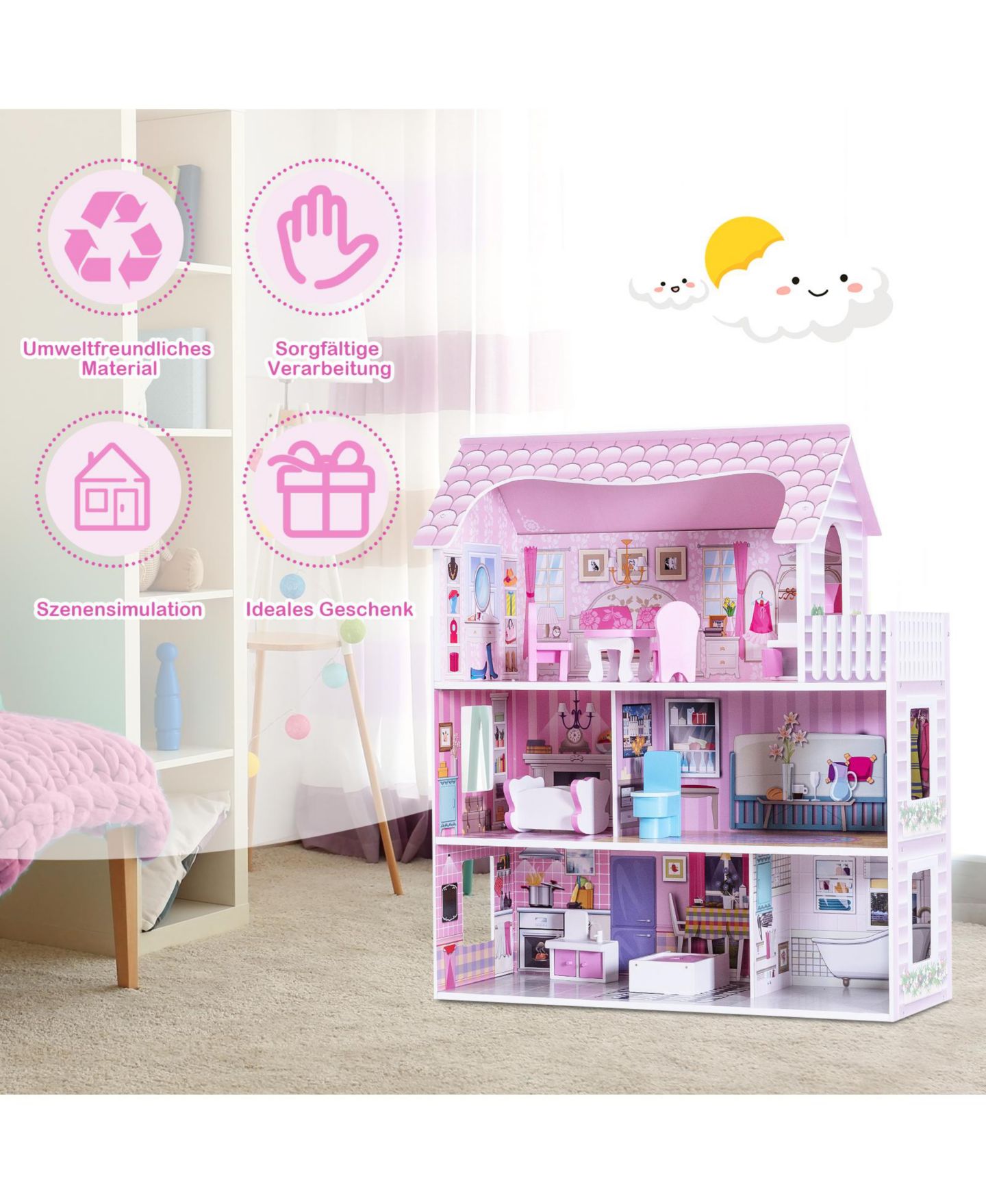 Детские аксессуары для кукол Mecale 28-in 3-Level Dollhouse with 5 Themed Rooms and 8 Furniture Pieces, Ages 3+, цвет: Розовый — фото 11