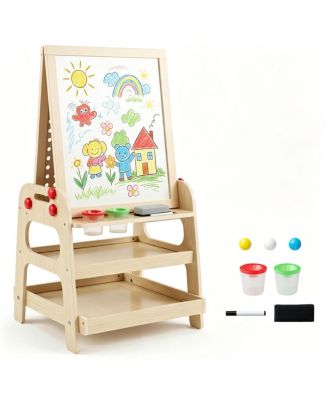 2-in-1 Wooden Kids Art Easel with Marble Run, Magnetic Whiteboard Standing Easel with Storage Shelves and Accessories for Kids 3+