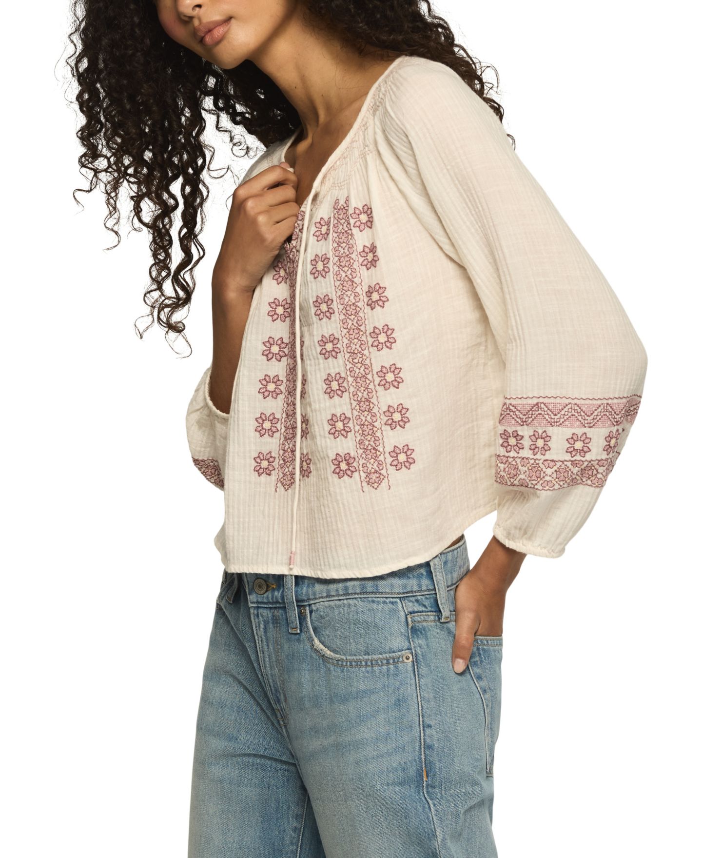 Женский топ Lucky Brand Long Sleeve Tie-Front V-Neck Cotton-Blend Peasant, цвет: Gardenia — фото 3