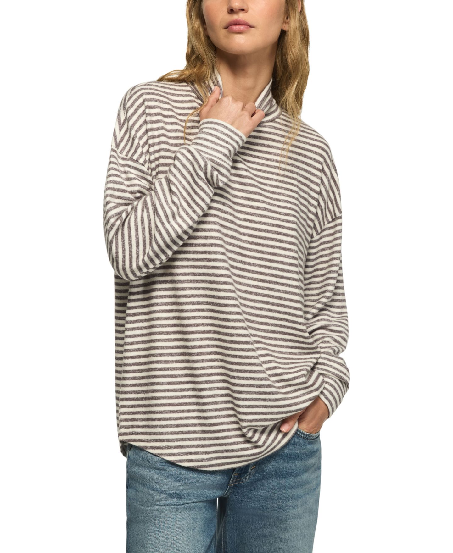 Женский топ Lucky Brand Lucky Cloud Oversized Long-Sleeve Striped Mock Neck, цвет: Серый полосатый — фото 1