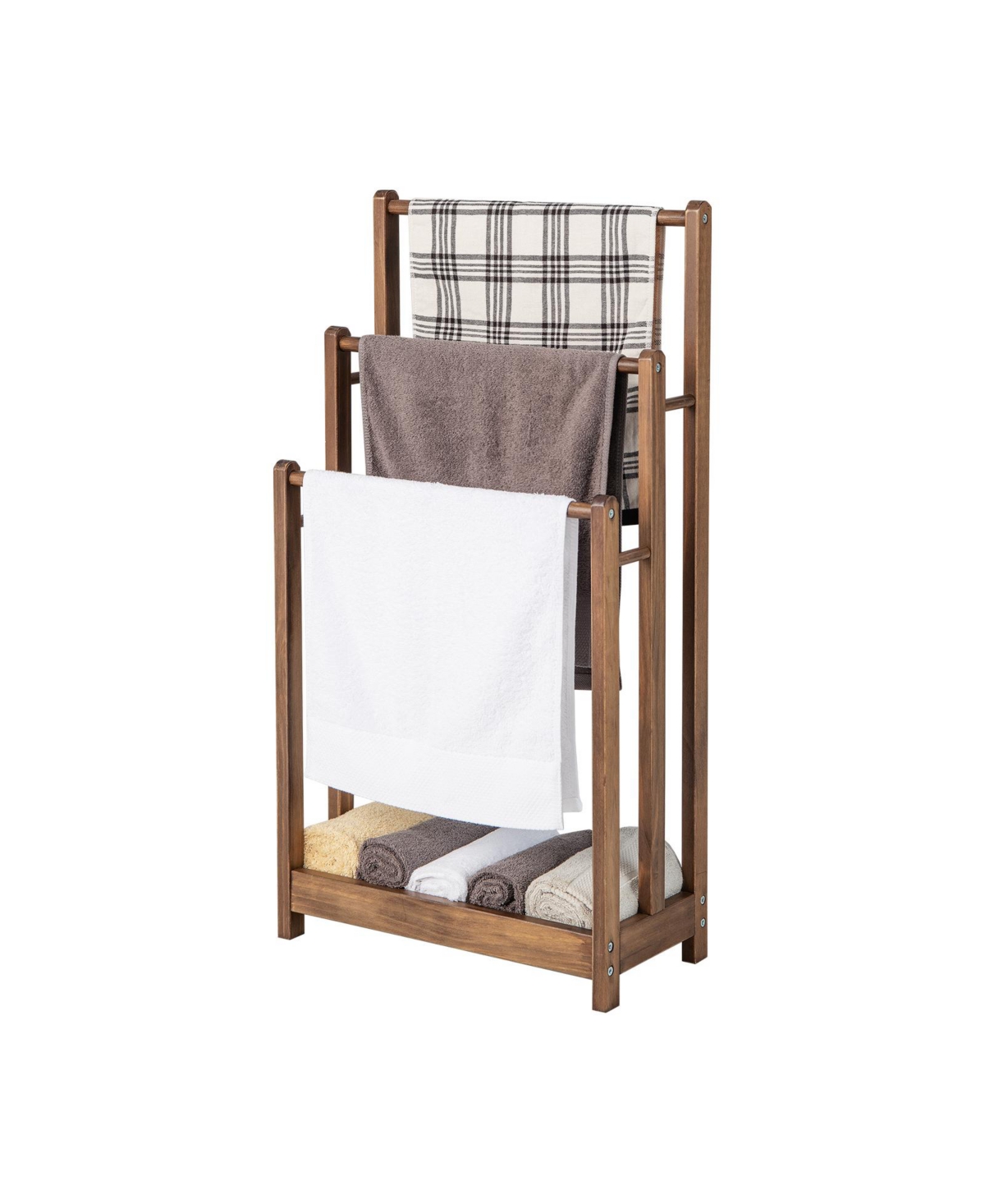 Sugift 34 Inch 3-Bar Solid Fir Wood Waterproof Freestanding Towel Rack with Slatted Storage Shelf