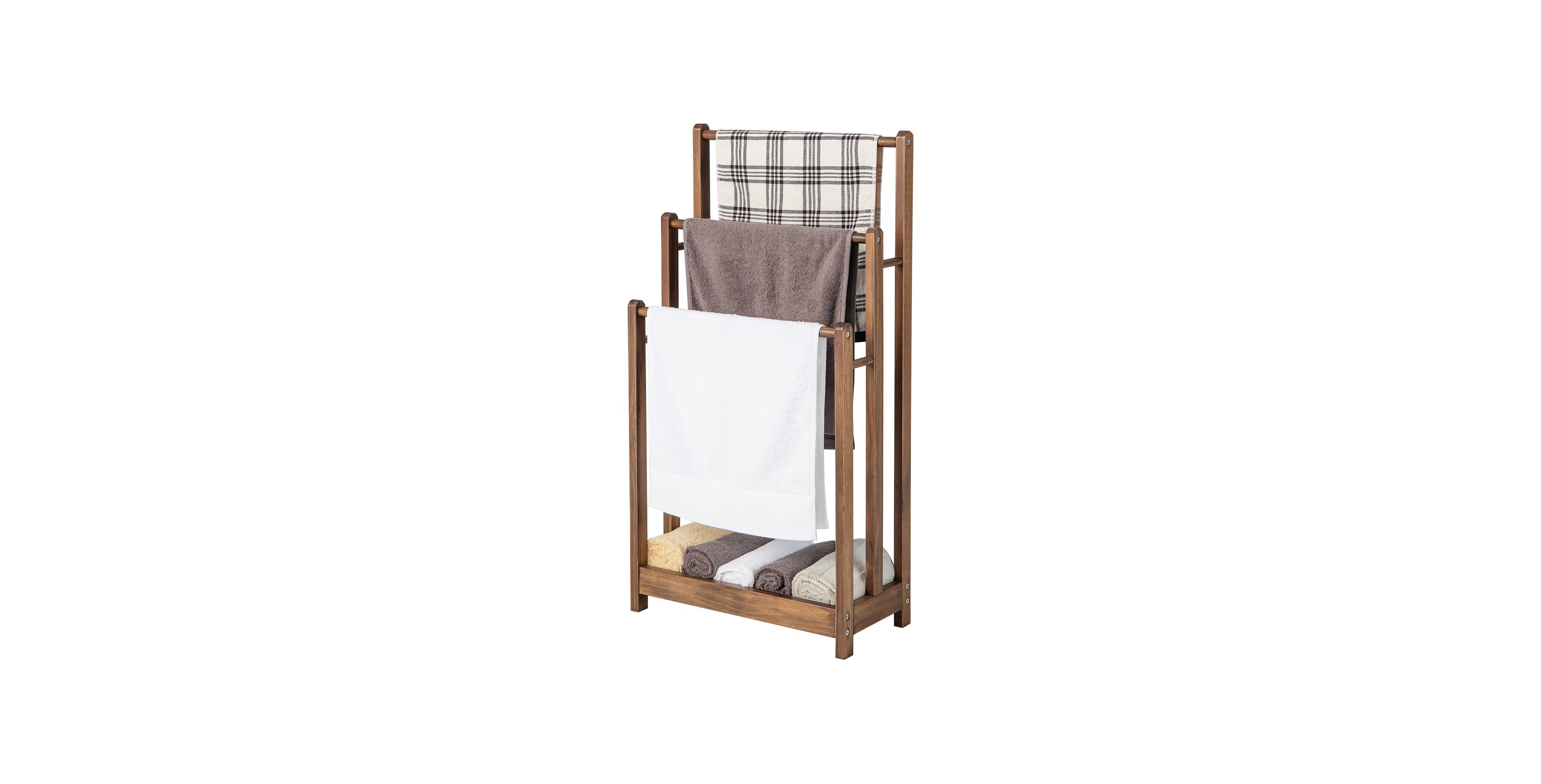 Sugift 34 Inch 3-Bar Solid Fir Wood Waterproof Freestanding Towel Rack with Slatted Storage Shelf