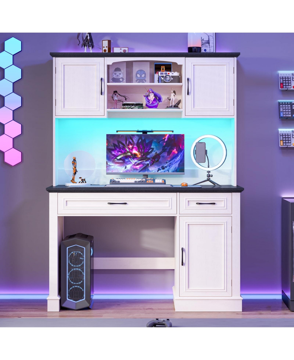 Vabches 47" Hutch Drawers Led Light Charging Station Computer Desk - White and brown