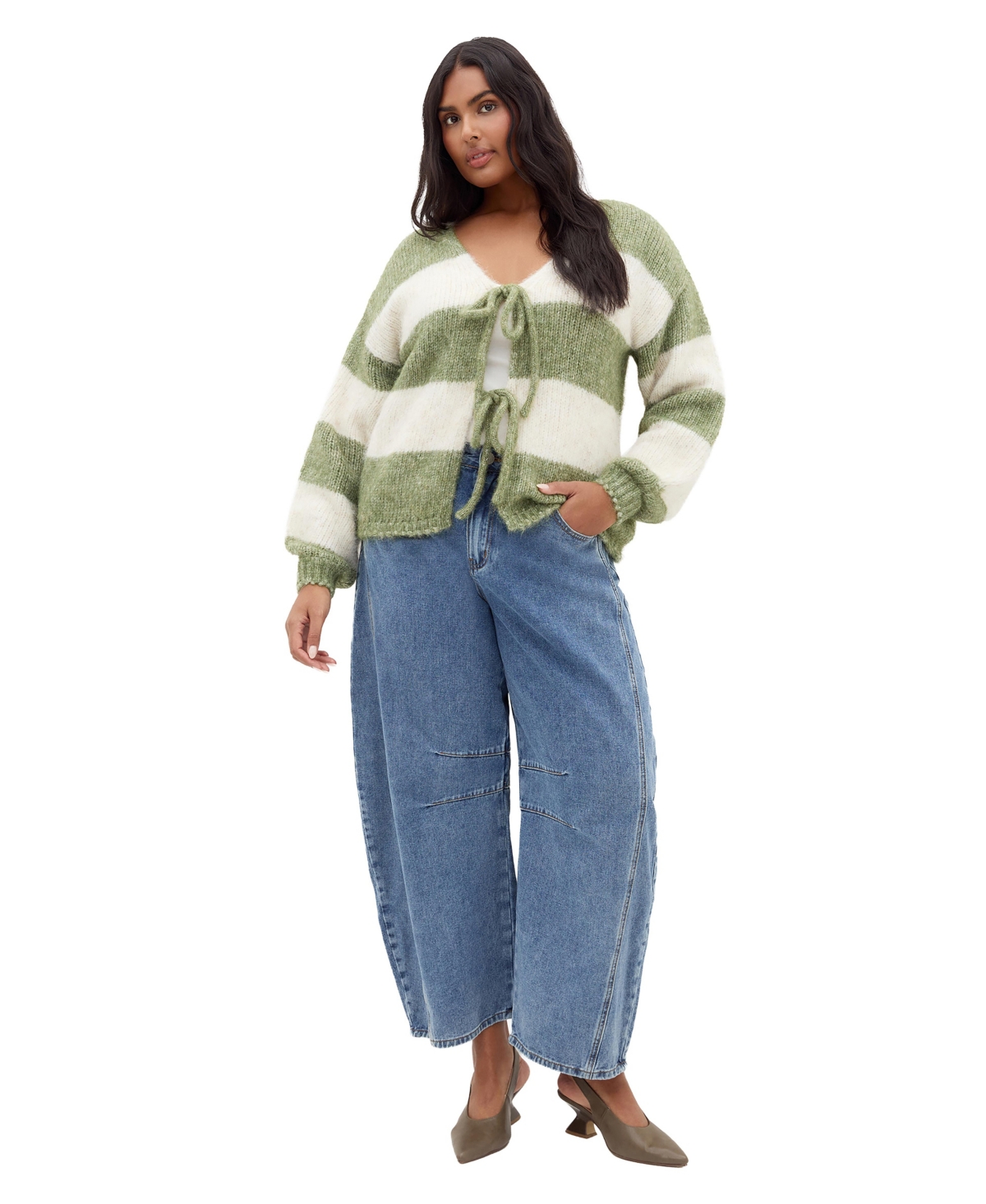 City Chic Plus Willow Long-Sleeve V-Neck Stripe Cardigan
