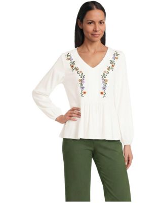 Women's Long Sleeve Slub Jersey V-Neck Embroidered Tiered Blouse