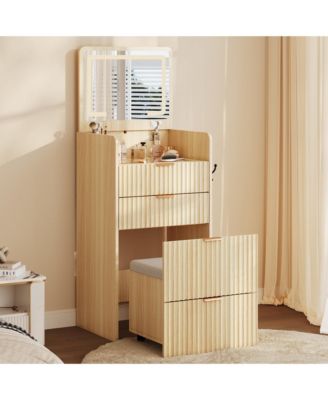 3-In-1 Vanity Desk With Illuminated Mirror and Rolling Stool, Makeup Dressing Table Featuring 3 Storage Drawers