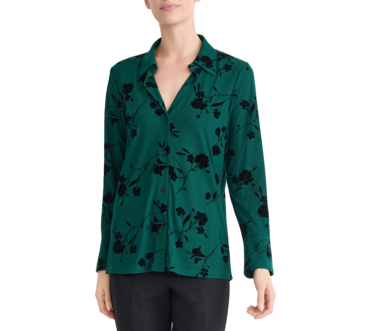 Jones New York Women's Long-Sleeve Bell-Cuff Button-Front Blouse - Dark Forest Green