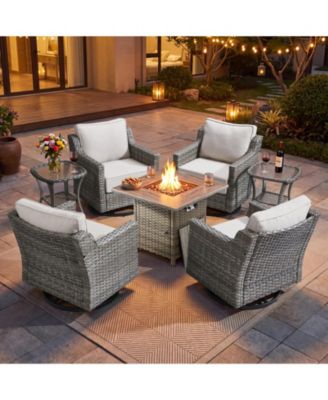 Horiz 7-Piece Patio Swivel Rocking Chair Set with 50,000 BTU Fire Pit Table and Glass Side Tables Outdoor Wicker Furniture Set