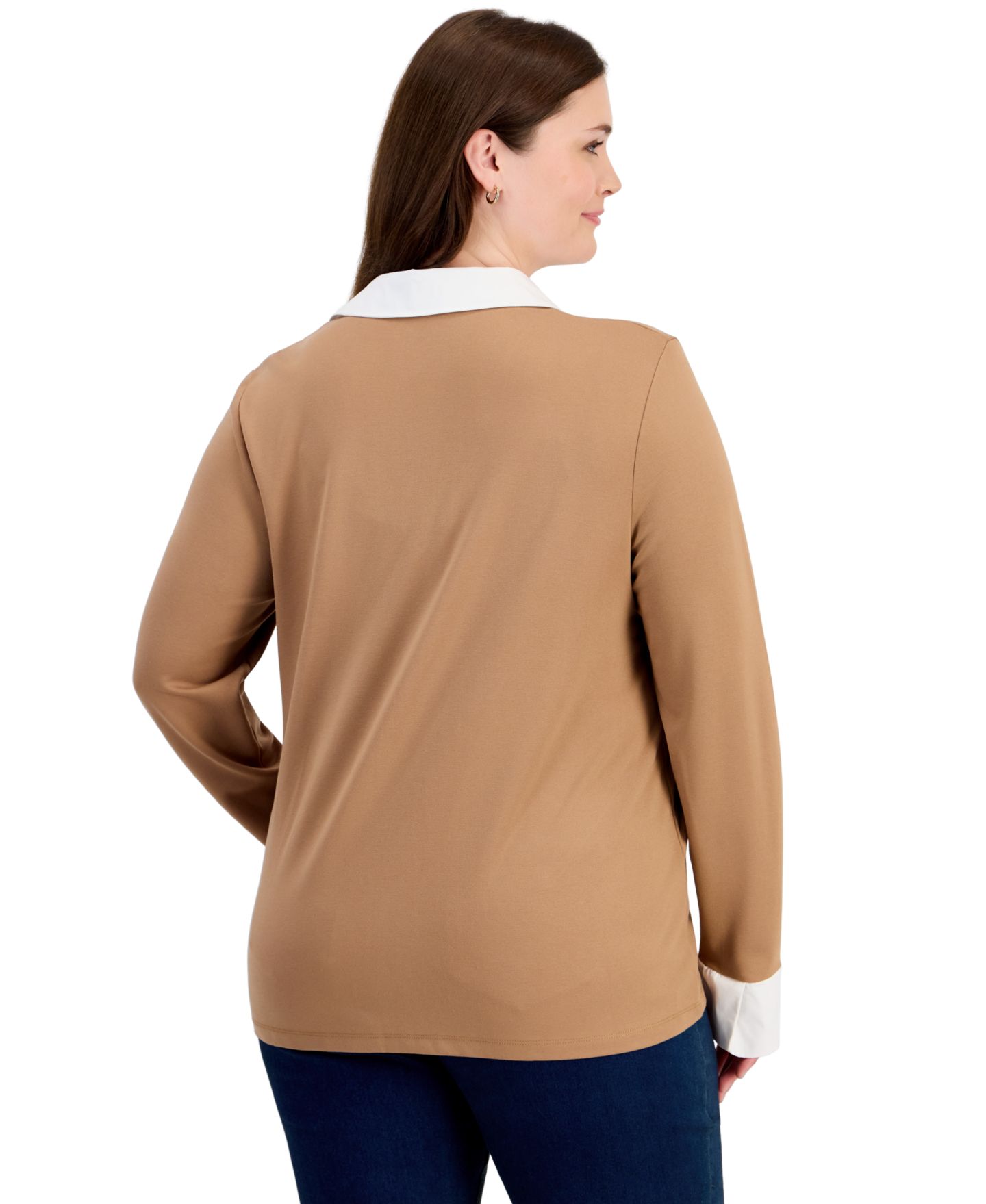 Женская блузка Jones New York Plus Size Twofer Long-Sleeve Collared V-Neck Woven-Cuff, цвет: Натуральный белый — фото 2