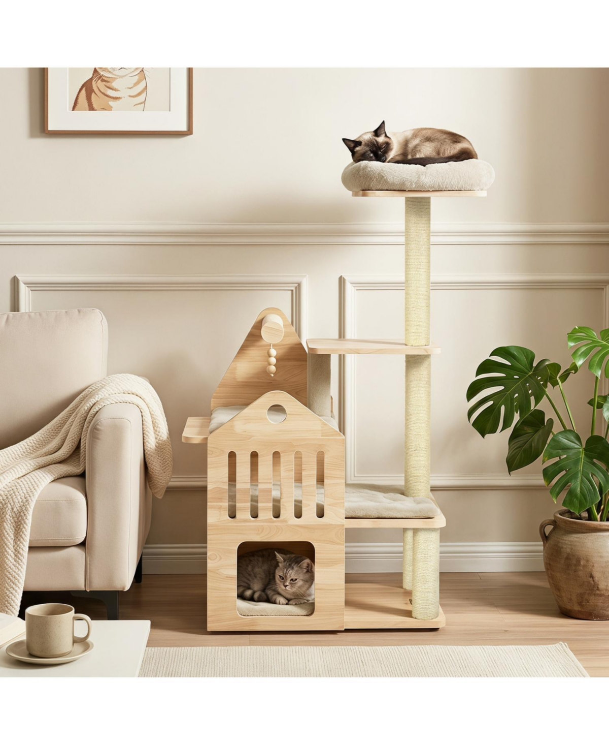 Zeny 48.5in Solid Wood Cat Tree with Padded Perch and Condo