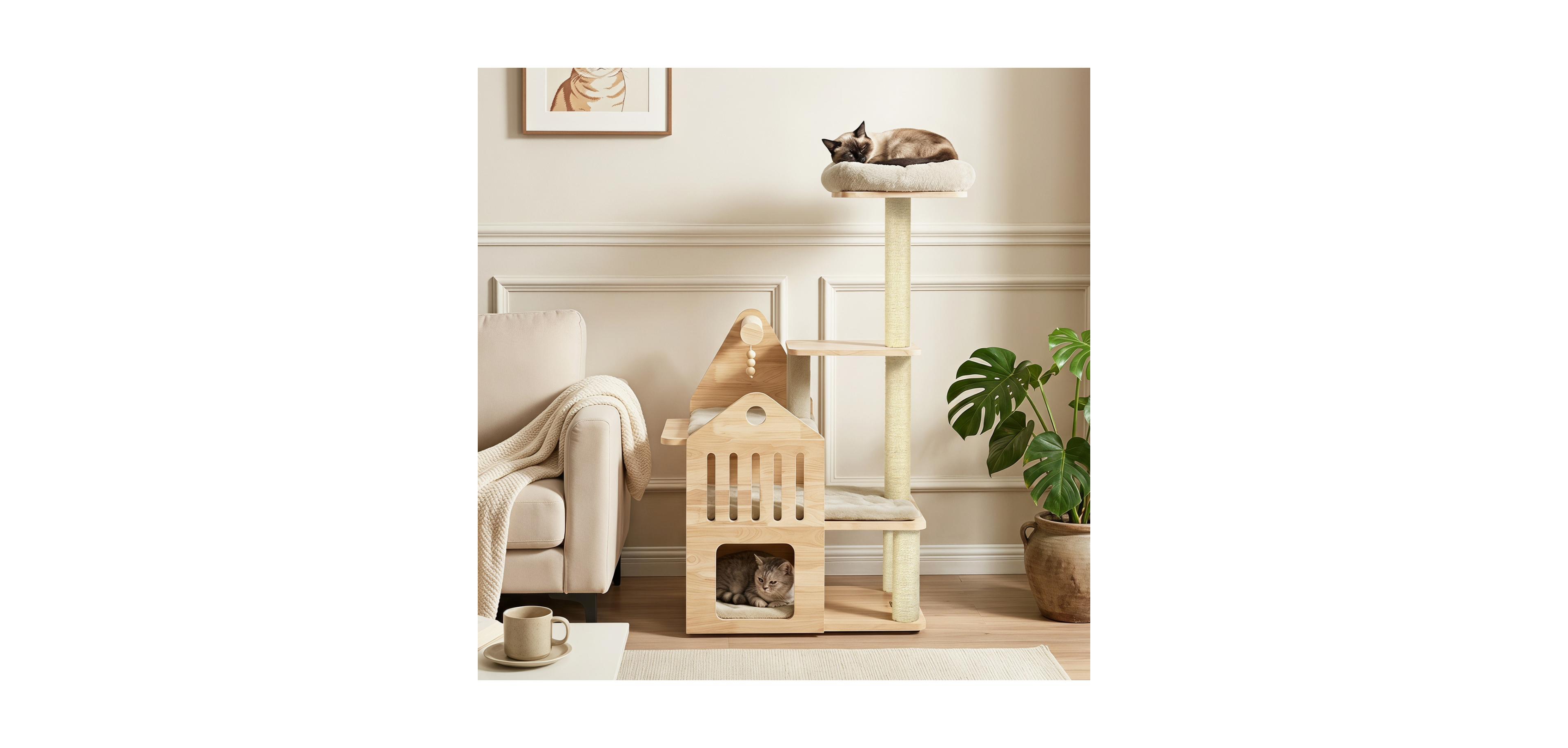 Zeny 48.5in Solid Wood Cat Tree with Padded Perch and Condo
