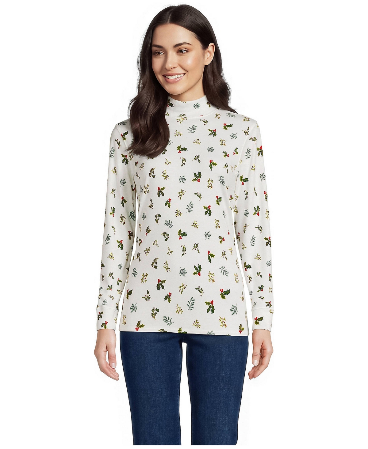 Lands' End Women's Relaxed Cotton Long Sleeve Mock Turtleneck - Ivory/light emerald holly