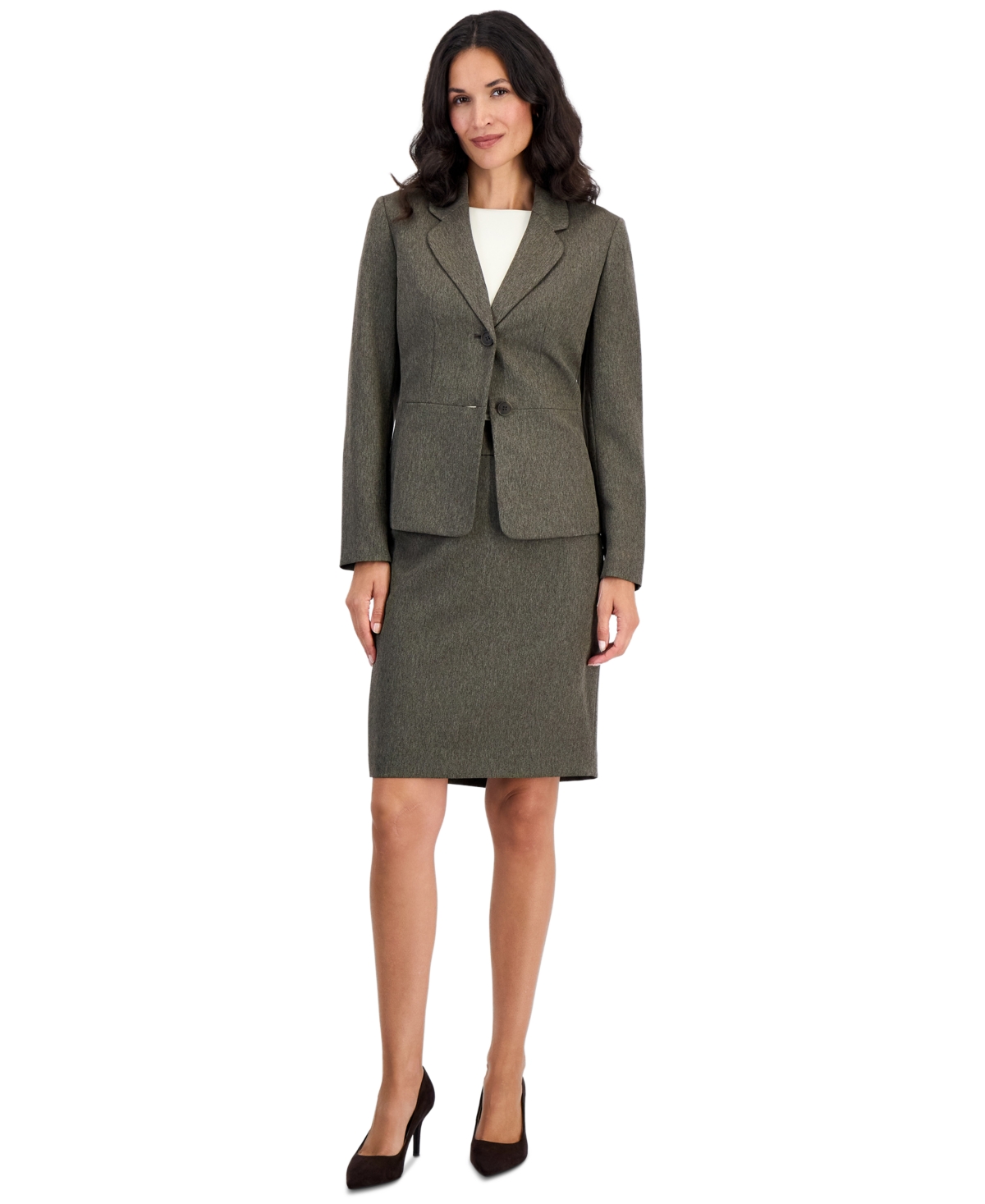 Le Suit Petite Melange Notched-Collar Two-Button Pencil Jacket and Skirt, 2-Piece Set - Espresso Multi