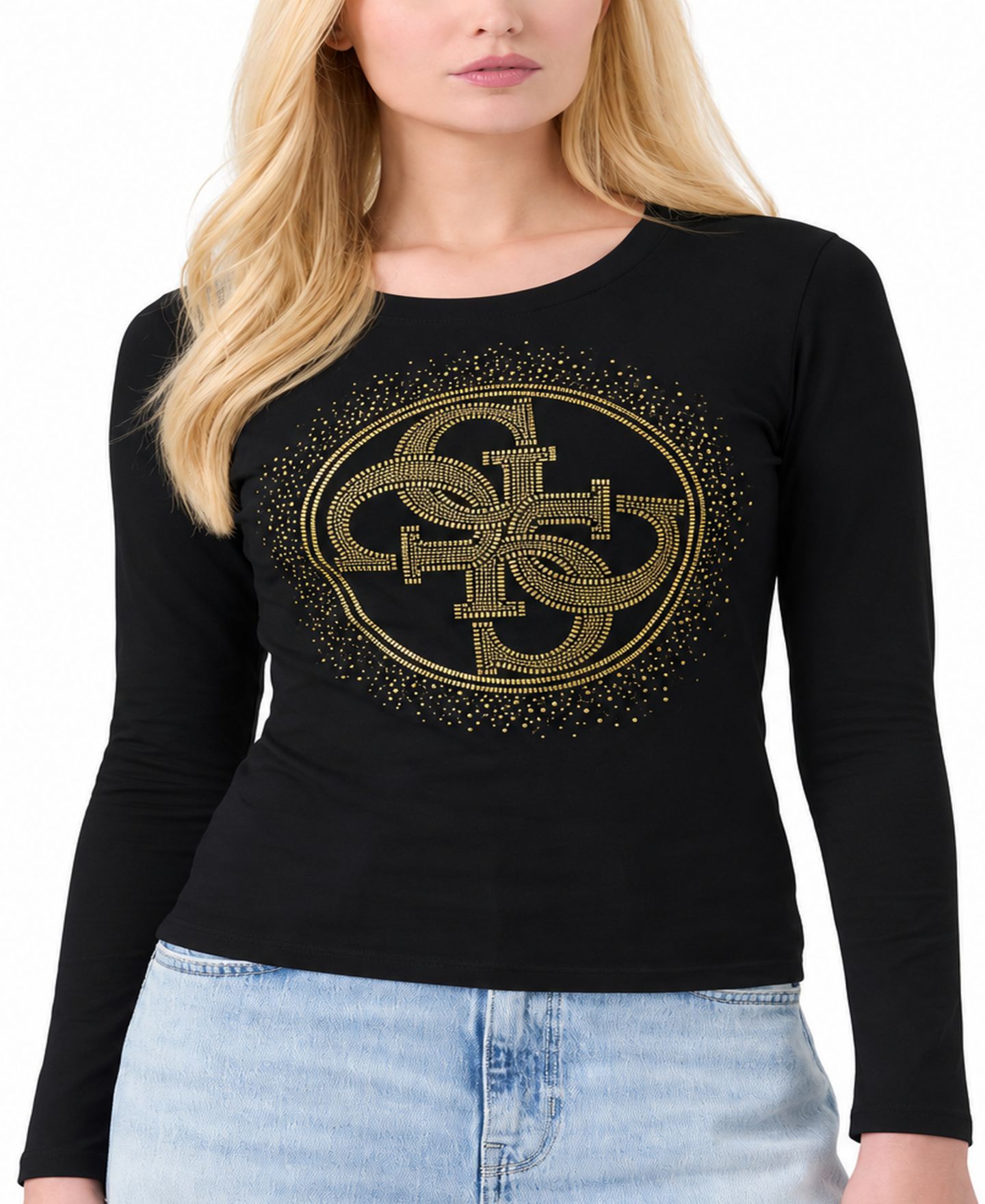Женская футболка GUESS 4G Round Crystals Long-Sleeve Crewneck, цвет: Угольно-чёрный — фото 1