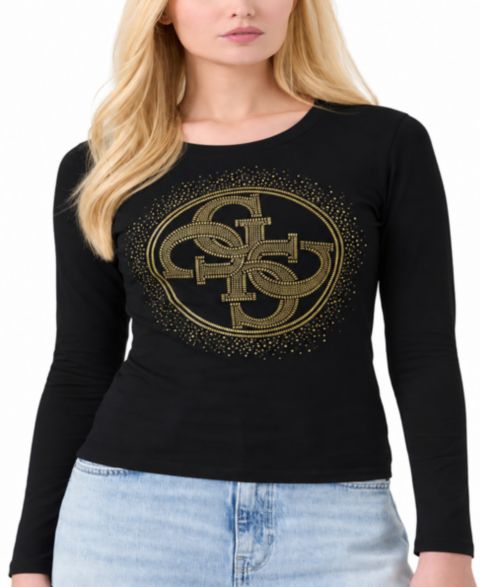 Женская футболка GUESS 4G Round Crystals Long-Sleeve Crewneck, цвет: Угольно-чёрный