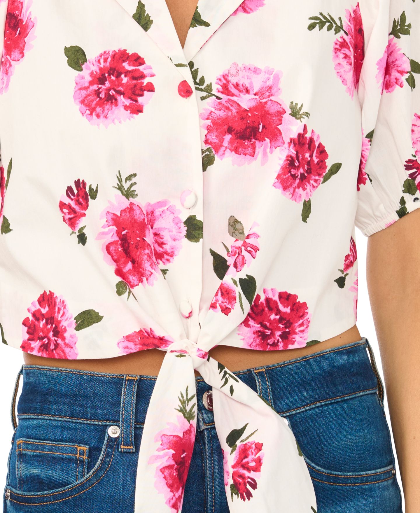 Женская блузка CeCe Tie Front Puff Sleeve Floral-Print, цвет: Слоновая кость — фото 3