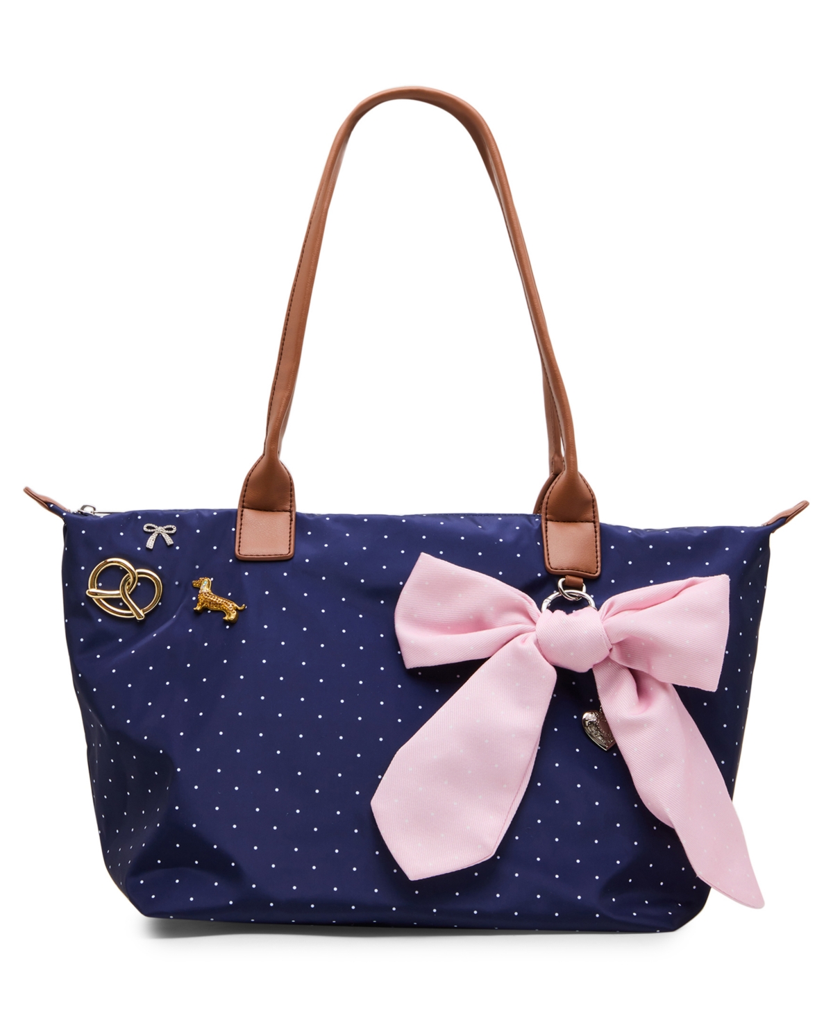 Madden Girl Large Nylon Removable Bow Charm Tote Handbag - Navy Polka Dot