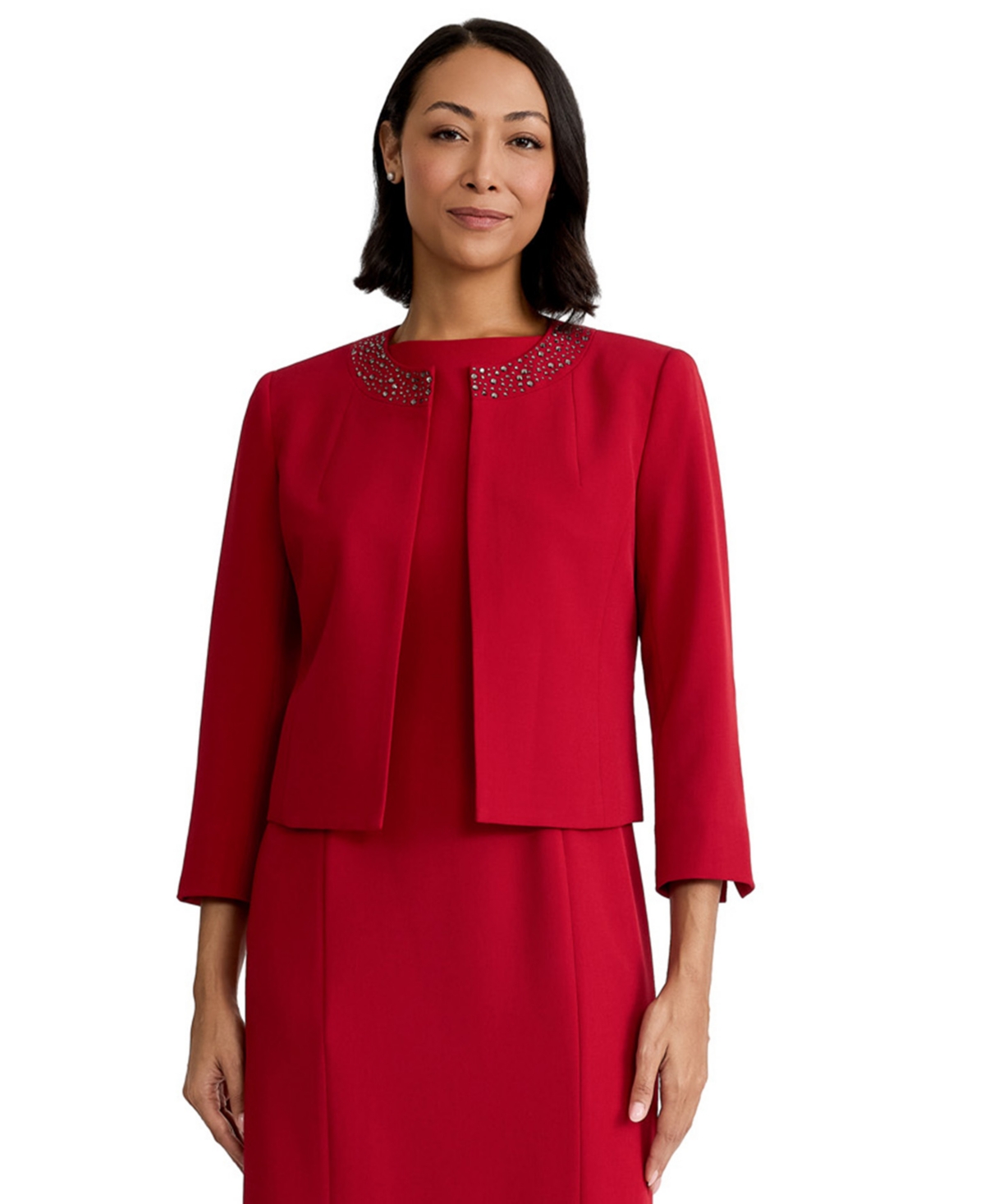 Kasper Women's Rhinestone-embellished Open-front 3/4-sleeve Cardigan In Red