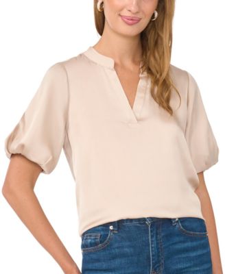 Women's V-Neck Puff Sleeve Satin Blouse