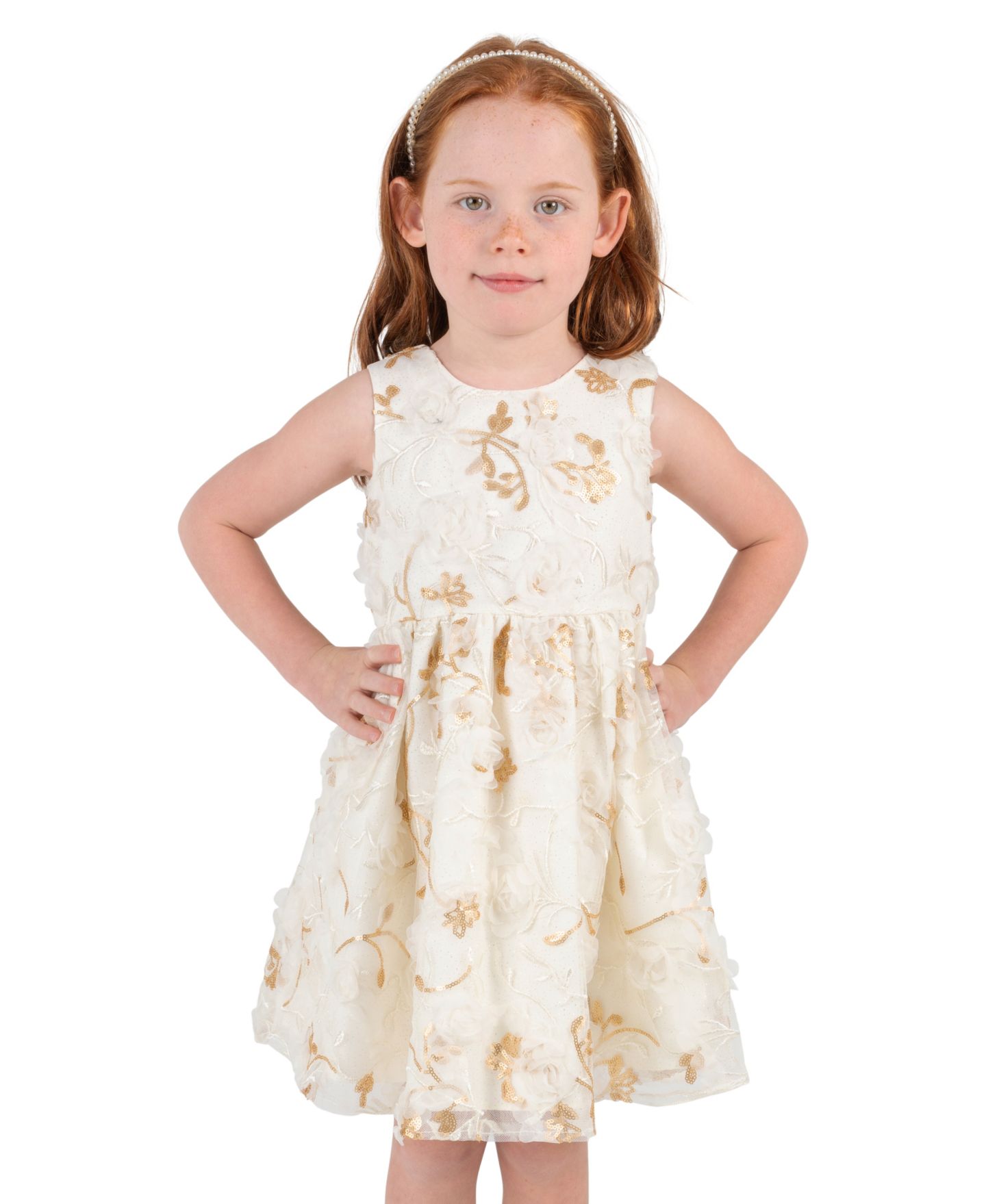 Платья Rare Editions 3-D Flower Soutache Fit & Flare Faux Fur Bolero and Dress, 2-Piece Set для девочек, цвет: Слоновая кость — фото 3