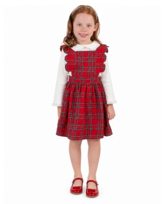 Girls' 2T-6X Plaid Scalloped Peter Pan Collar Top and Jumper Dress, 2-Piece Set