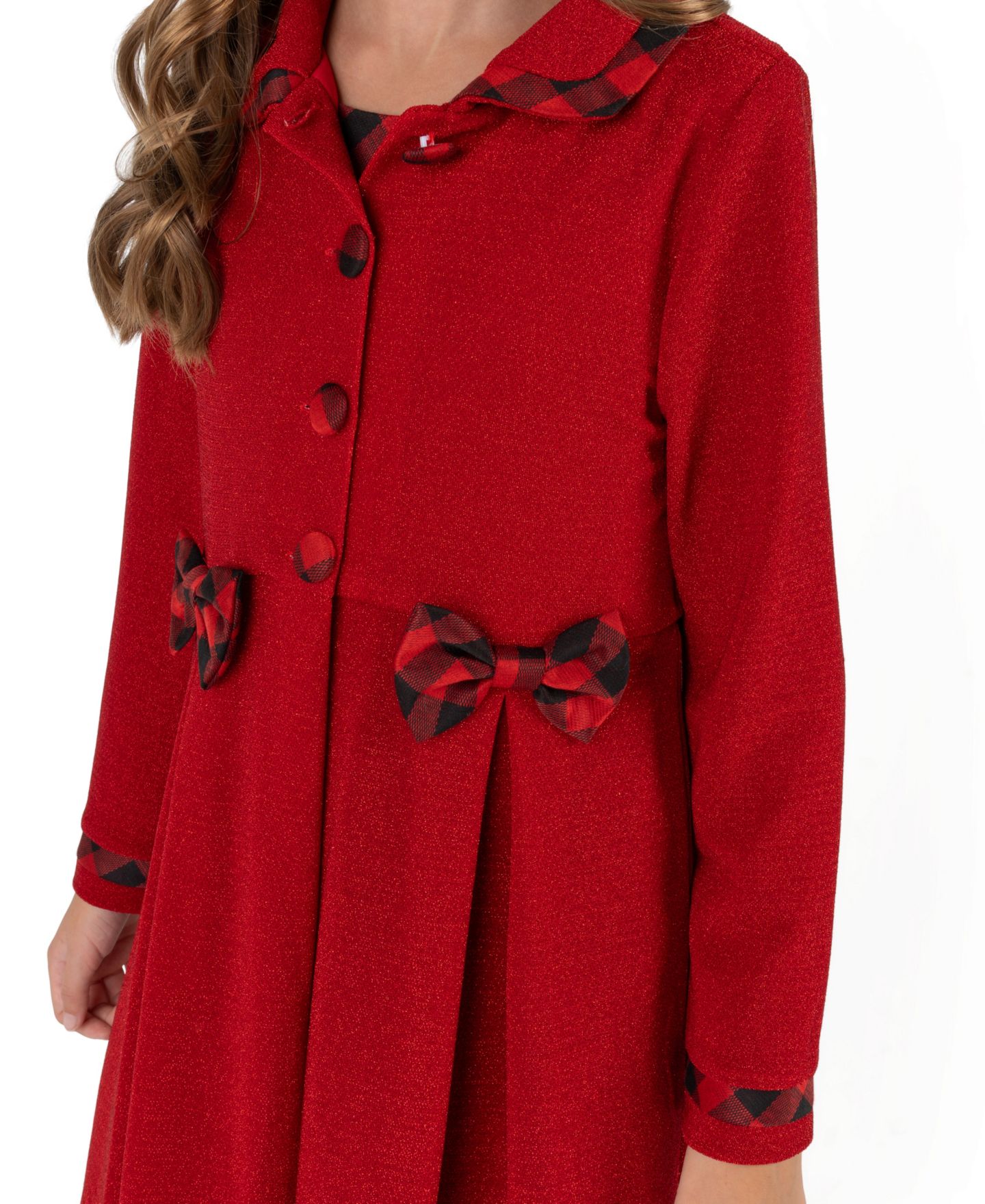 Rare Editions Girls' 7-16 Lurex-Knit Buffalo-Check Bow Coat and Dress, 2-Piece Set, цвет: Красный — фото 4