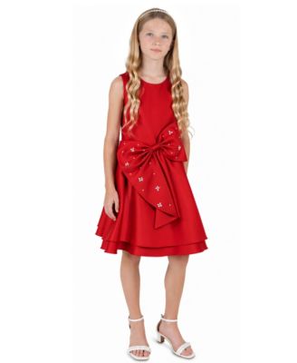Girls' 7-16 Sleeveless Embellished Cascade Bow Fit & Flare Dress