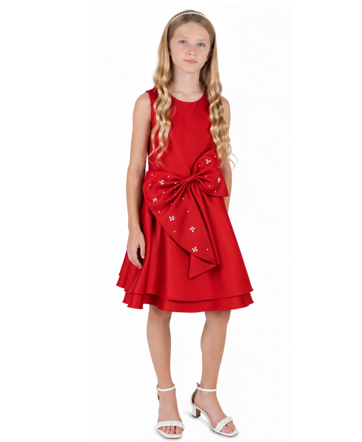 Rare Editions Girls' 4-16 Sleeveless Embellished Cascade Bow Fit & Flare Dress