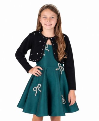 Girls' 7-16 Imitation Pearl-Detail Cropped Crewneck Cardigan