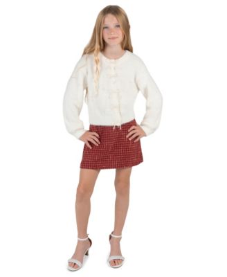 Girls' 7-12 Eyelash-Knit Imitation Pearl Detail Balloon-Sleeve Cardigan and Skort, 2-Piece Set